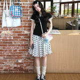 Summer French Vintage College Style Wearing Design Lace Sleeves Short-Sleeved T-Shirt + Wavet-Point Temperament Skirt Suit