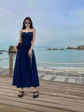 Blue Lattice Tset Dress Women's Summer Vacation Sexy Open Fork Dress Beautiful Dress Seaside Skirt