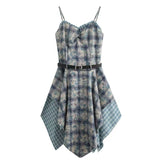 Blue Tie-Tling Sling Dress Women's Summer Design Feeling Waist Thin Splicing Irregular Skirt