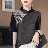 Silk Satin 2026 Summer New Women's Clothing New Chinese Style Collar Blouse Temperament Set Short-Sleeved Top