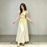 Beautiful Small Set 2026 Super Fire Age Reduction Temperament Mature Design Yellow T-Shirt Spliced Skirt Suit