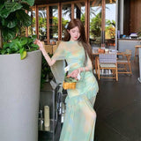 Summer Beautiful Green French Mesh Sling Dress Women's New Explosive High-End Feel Waist Holiday Long Skirt
