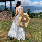 Sanya Travel Women's Clothing Tour To Shoot The West Wind Holiday White Lace Splicing Bare Back Slings Hanging Dress Dress