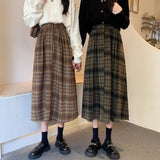 Autumn And Winter Folding Skirt Curry Lattice Half Skirt Girl Long High-Waisted A Small Man Big Umbrella Skirt