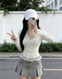 Sweet Hottie Pure Lust Lace Side Long-Sleeved Shirt Girl Early Autumn Wearing A Bottom Shirt Sweet Blouse V Collar Bow