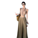 Seaside Vacation Travel Wearing A Suit Summer Sexy Hanging Neck Blouse Pendant Broad Leg Trousers Two Sets Of Single Shot