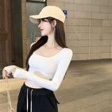 Small Tight Long-Sleeved Design Feel Bottom-Up Shirt Open Pavelette Wearing Hot Girl Short Top Girl Spring And Autumn Kaqi Color T-Shirt