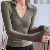 Spice Girl Sexy V-Neck Elastic Slim Slim Polo Shirt Retro Pure-Sleeved Bottom Shirt T-Shirt Top