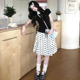 Summer French Vintage College Style Wearing Design Lace Sleeves Short-Sleeved T-Shirt + Wavet-Point Temperament Skirt Suit
