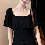 Temperament Gentle Wind Lotus Leaf Side U Collar Short-Sleeved T-Shirts Summer Pure Fashion To Close The Waist Thin Design Short Top