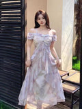 Large-Size French Dress Women's Summer Lotus Leaf Side Sling Skirt Fat Mm Shaded Meat Thin Seaside Vacation Skirt
