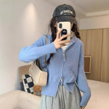 Pure Lusty Gray Long-Sleeved Knitted Cardigan Women Autumn 2025 New Double-Headed Zipper Slim Short Top
