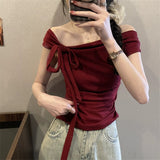 Pure Desire A Word Shoulder ~ Design Feel Shoulder Hanging Neck Short Sleeve T-Shirt For The New Summer Slimming Tset