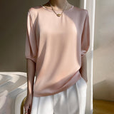 Airable Silk Satin 2026 Spring And Summer New Women's Round Collar Loose Solid Color Acetic Satin Noodles T-Shirt