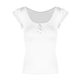 Grey Double Wooden Ear U Collar Small Flying Sleeve T-Shirt Women's Spring Design Sense Slimming Straight Shoulder Coat