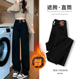 Black High-Waisted Straight Jeans Women Autumn And Winter Trend New With Velvet Pear Shape Narrow Version Of Thin Leggings