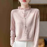New Silk Velvet 2026 Spring And Summer New Women's Short Wooden Ear Half-High Tie Wnitted Shirt Knitted Bottom Shirt Top
