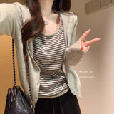 Small Capital Hit The Striped Bottom Hooded Sweater Women Spring Age Reduction Fake Two Long-Sleeved Knitted Cardigan Tops