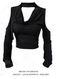 Pure Hot Girl Out-To-Shoulder V-Neck Hollow Bottom Shirt Autumn New Wasteland Black Long-Sleeved T-Shirt Short Top Tide
