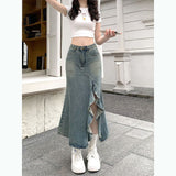 Fishtail Irregular Opening Cowboy Half-Dress Girl Retro Blue Lace Wave High Waist Small Hot Babes Bag Hip Skirt