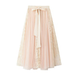 2025 Spring Dress New Bow Tie With High-Waisted Lace Embroidery Splicing Mesh Dress Skirt 8825