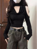 Pure Hot Girl Out-To-Shoulder V-Neck Hollow Bottom Shirt Autumn New Wasteland Black Long-Sleeved T-Shirt Short Top Tide