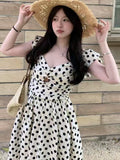 Large-Size Fat Sister French Wave Dot Dress Women's New Folds In Summer To Collect Waist Thin Temperament Long Skirt Sling