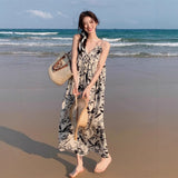 National Feng Shui Ink Painting V Tie Dress Women 2026 Summer New Loose Lazy Leisure Holiday Floral Dress