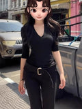 Hottie Style Black V-Neck Mid-Sleeve T-Shirt Girl Spring And Summer New Slim Slim Tops Comfortable Shoulder-To-Shoulder Shirt