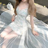 New Mint Green Mesh Dress Fairy-Style Seaside Lace Summer Sling Skirt