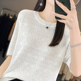 Breathable Sweating Ice Silk 2026 Spring New Women's Round-Neck Loose T-Shirt Knitted Short-Sleeved Top