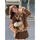 Vintage Hair Spliced Velvet Coat Woman 2025 Autumn And Winter Merad Plus Thick Horn Buckle Unique Super-Look