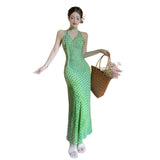 French Wave Dots With Hanging Neck Dress Women's Summer Temperament Green Dress Baged Hip Skirt Holiday Dress