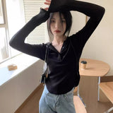 Pure-Style White Hooded Long-Sleeved T-Shirt Girl Spring Slimming Inside The Shirt Irregular Blouse In Tide