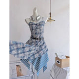 Blue Tie-Tling Sling Dress Women's Summer Design Feeling Waist Thin Splicing Irregular Skirt