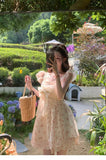 2026 New Broken Flower Dress Women's Spring And Summer Sweet Collarbone Bubble Sleeves To Close The Waist Thin Super Fairy Short-Sleeved Skirt