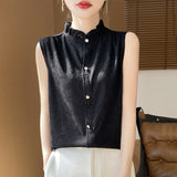 Silk Velvet 2026 Spring And Summer New Women's Wooden Ear Collar Buckle Sleeveless Knitted Bottom Shirt Short-Sleeved Vest