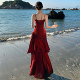 French Senior Birthday Party Dress Dress Light Luxury Small Toast Wine Red Folds Slings Fishtail Skirt