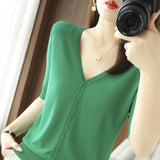 Ice Silk Breathable 2026 Spring And Summer New Women V Neck Thin Top Five-Sleeve Sleeve Sleeves Pure Color Temperament Knitted Shirt