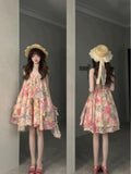 Pink Broken Flowers Hanging Neck Dress Women's Early Summer 2026 New Look Seaside Holiday Show Back Skirt