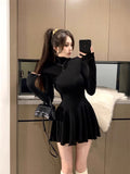 Pure Hot Girl High Collared Long-Sleeved Dress Women 2025 Autumn And Winter New Waist-Buffy Skirts Thin Skirt
