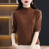 Fine-Woven Wool 2026 Autumn New Temperament Five-Sleeve Female Tree Pit Embroap In The Sleeve Short Bottom Knitting Shirt