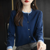 Fine-Woven Wool 2026 Autumn And Winter Women's New Loose Round-Neck Color Short Fake Two Bottom Blouse Knitted Open Shirt