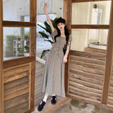 Large-Size Lattice Short-Sleeved Dress Women's Summer Waists Thin A-Word Dress Fat MM French Retro Wrinkled Skirt