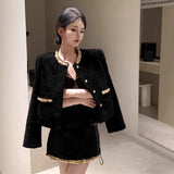 Famous Temperament Small Fragrant Suit Rich Man's Golden Feeling Hepburn Black Light Luxury High-End Coat Half-Dress Dress A Complete Set