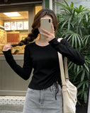 Autumn Long-Sleeved T-Shirt Women Thin Bottom Shirt Drawstrings In The Bottom Shirt Slim Slimy Irregular Sweet Spicy Top