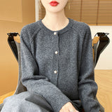Wool Blended 2026 Autumn And Winter New Round Collar Short Solid Color Thick Shoulder Sleeve Star Buckle Knitted Cardigan Sweater