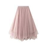 Nail-Beaded Mesh Dress Girl's New High-Waisted Thin Irregularly Folded Skirt A-Shaped Skirt 9816