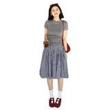 Summer Chic Feeling Beautiful Little Suit Female Gray Round-Neck T-Shirt Tibetan Cyan Lattice Skirt Two-Piece