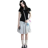Summer French Vintage College Style Wearing Design Lace Sleeves Short-Sleeved T-Shirt + Wavet-Point Temperament Skirt Suit